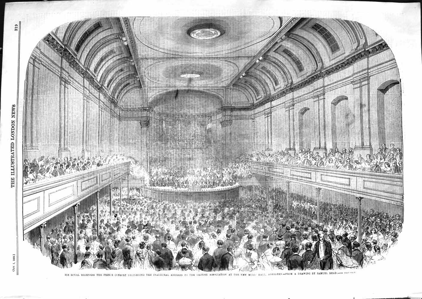 Original Old Antique Print 1859 Prince Consort Address Music Hall Aberdeen 19th