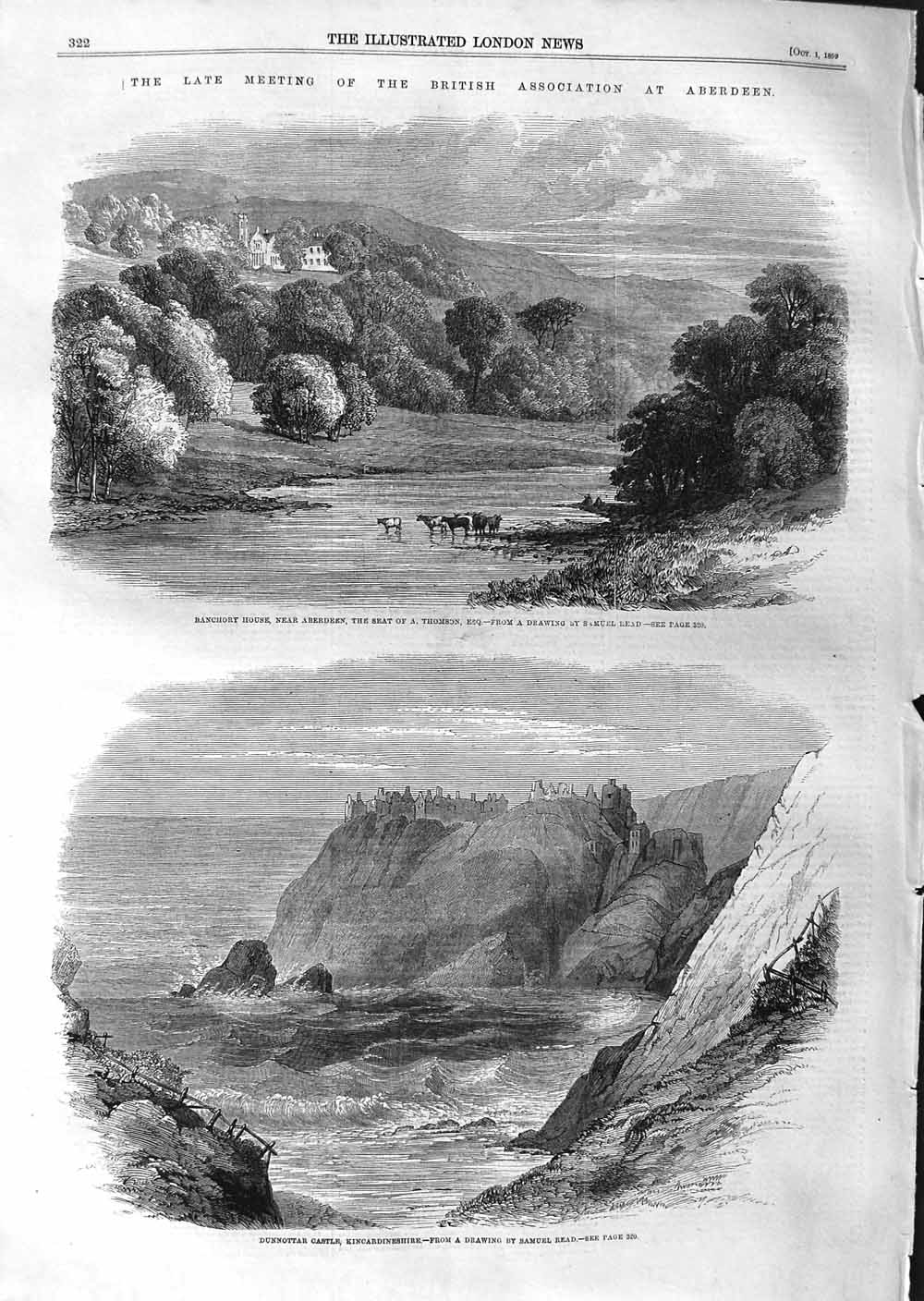 Old Antique Print 1859 Banchory Aberdeen Dunnottar Castle Kincardineshire 19th