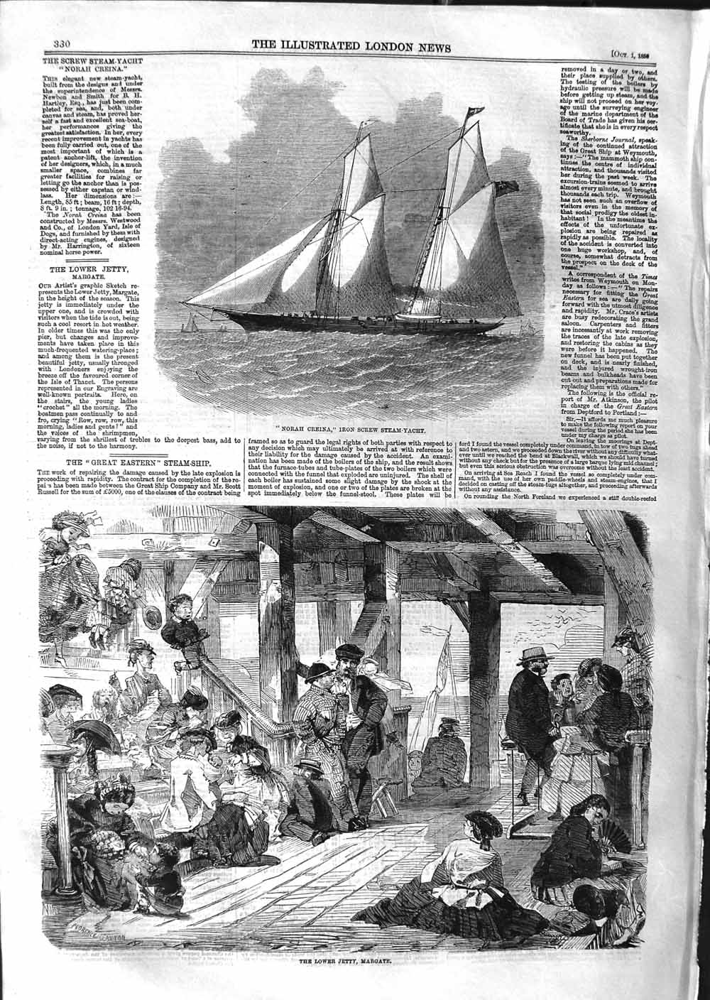 Old Antique Print 1859 Norah Creina Iron Screw Yacht Ship Jetty Margate 19th