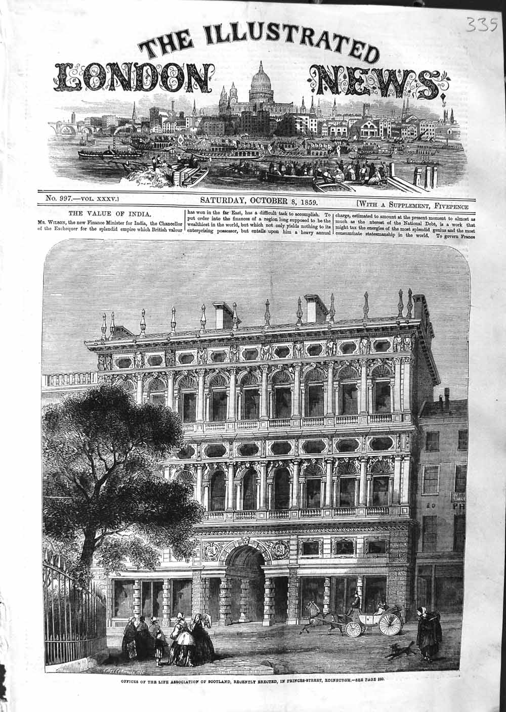 Old Antique Print 1859 Life Association Office Scotland Princes Edinburgh 19th
