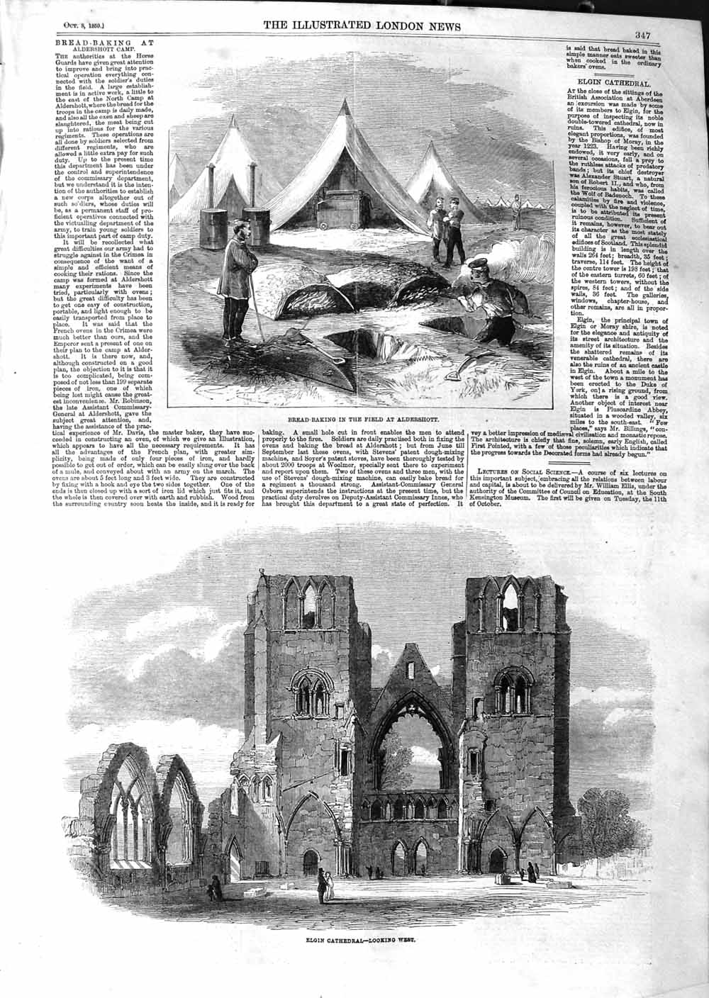 Old Antique Print 1859 Bread-Baking Aldershott Elgin Cathedral Scotland 19th