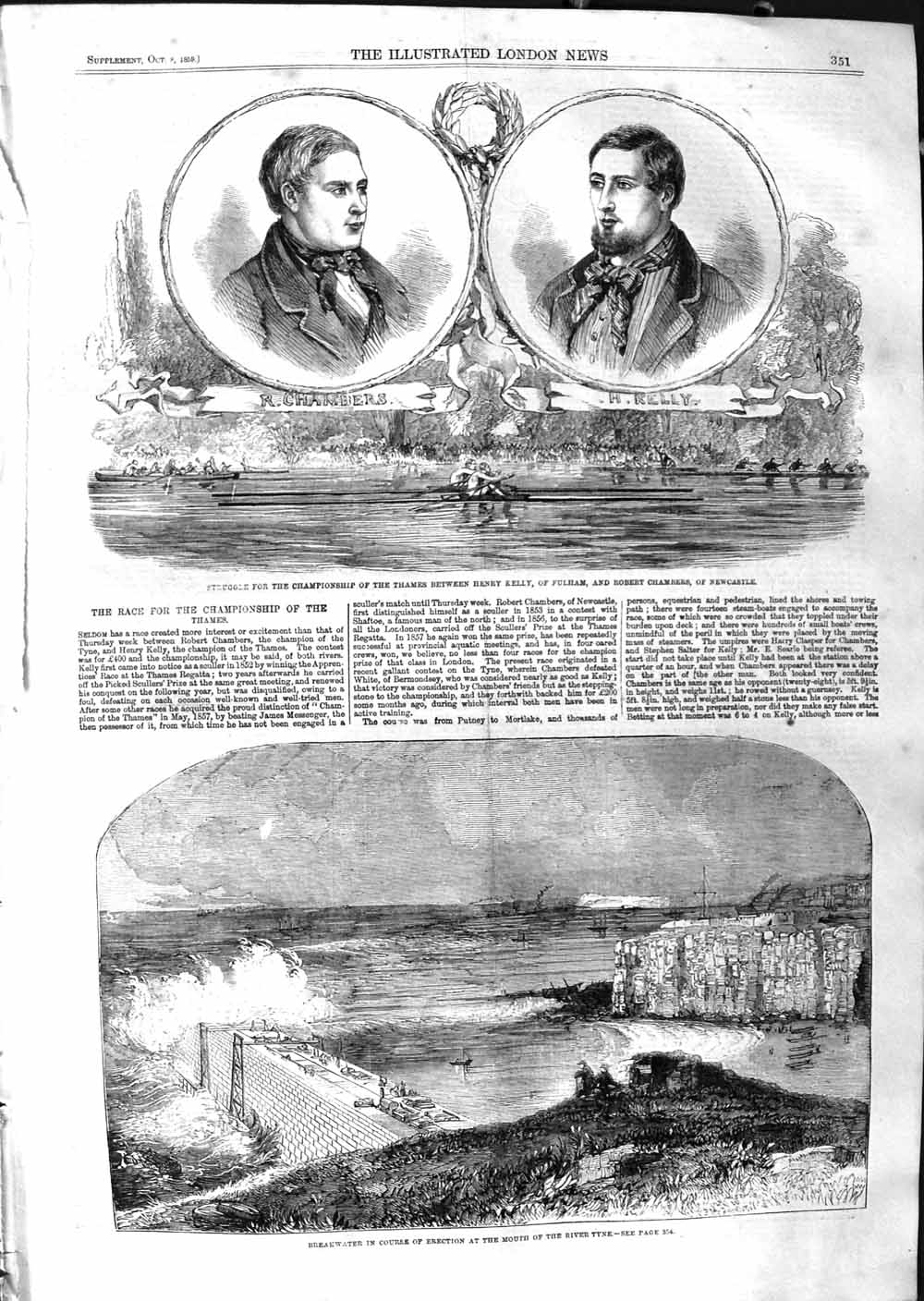 Old Antique Print 1859 Kelly Fulham Chambers Newcastle Thames Boat Tyne 19th