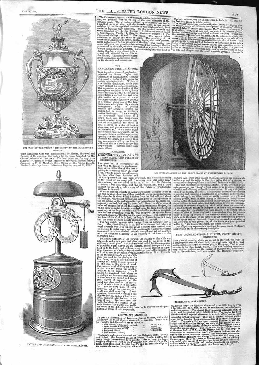 Original Old Antique Print 1859 Westminster Clock Trotman Anchor Kerry Hospital