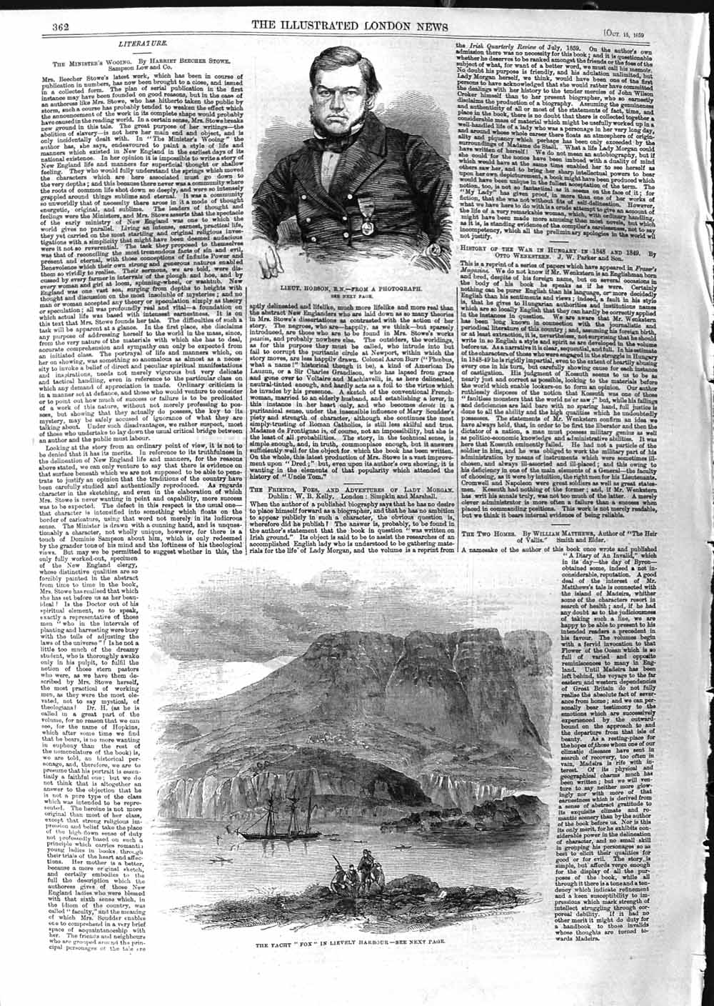 Old Antique Print 1859 Portrait Lieut. Hobson Yacht Fox Lievely Harbour 19th