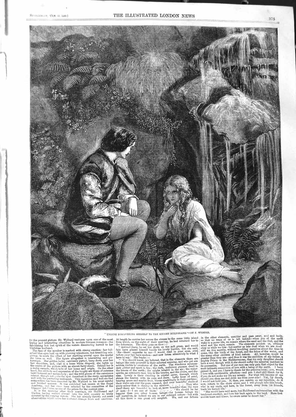 Old Antique Print 1859 Scene Undine Discovering Herself Knight Huldbrand 19th