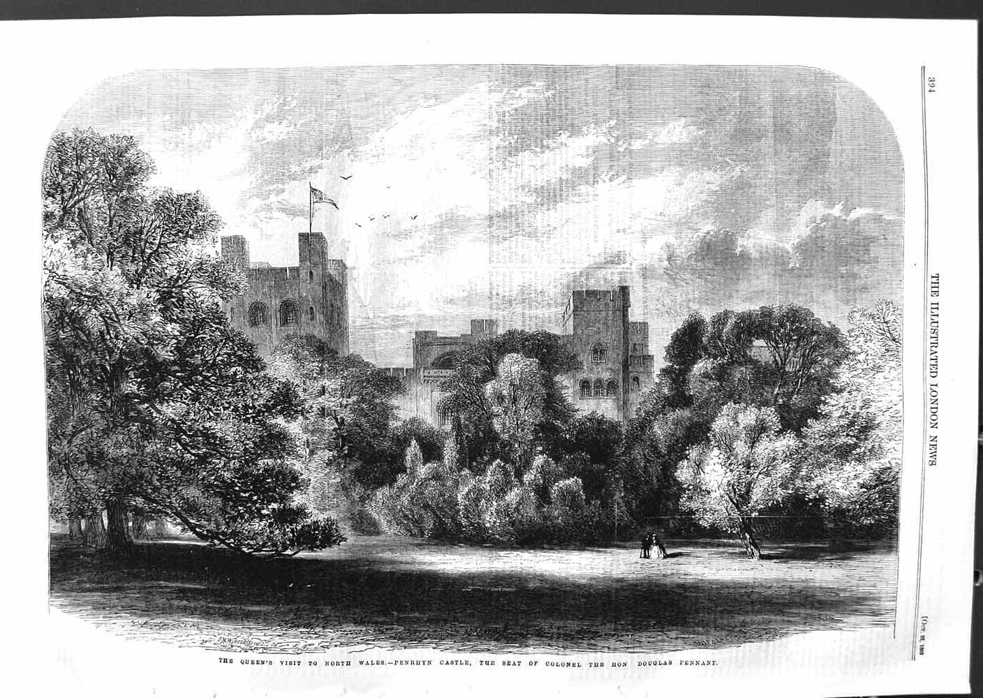 Old Antique Print 1859 Queen North Wales Penrhyn Castle Douglas Pennant 19th