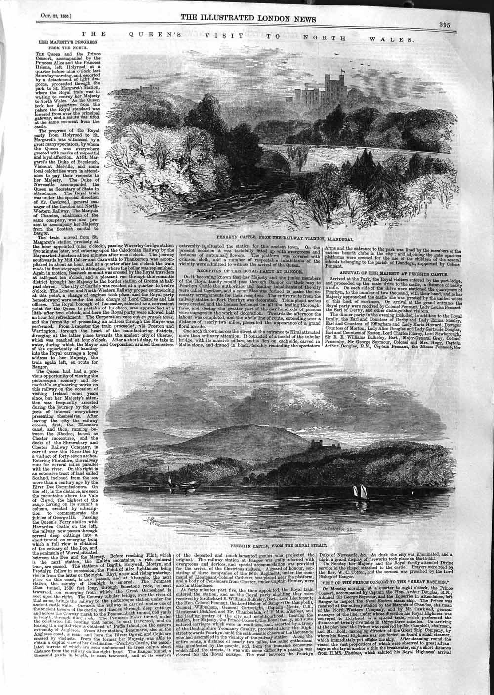 Original Old Antique Print 1859 Penrhyn Castle Menai Strait Llandegai Railway