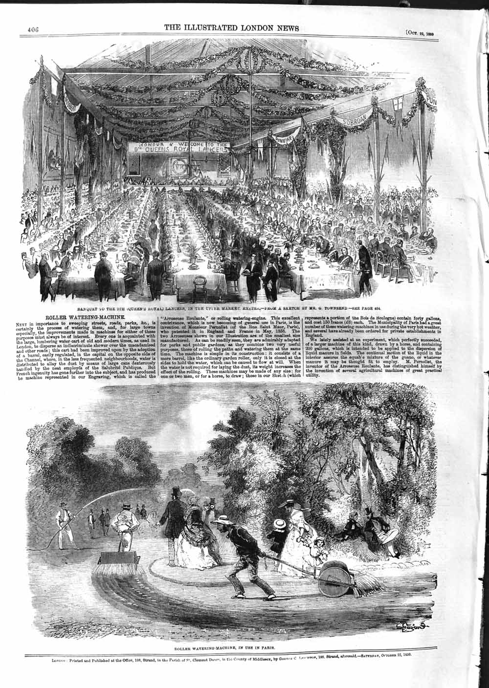 Original Old Antique Print 1859 Banquet Lancers Market Exeter Watering Machine