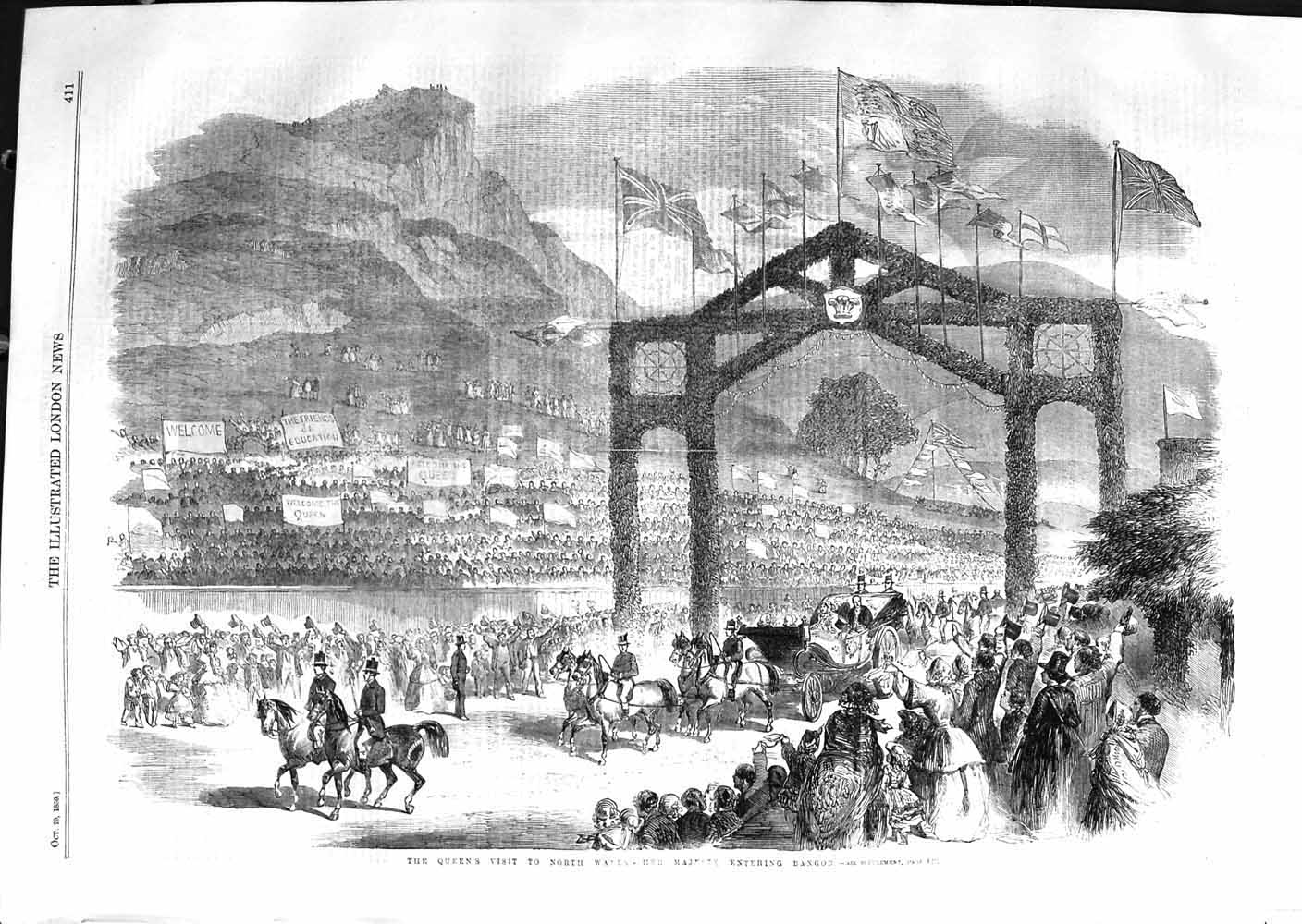 Original Old Antique Print 1859 Queen North Wales Bangor Horses Royal Carriage