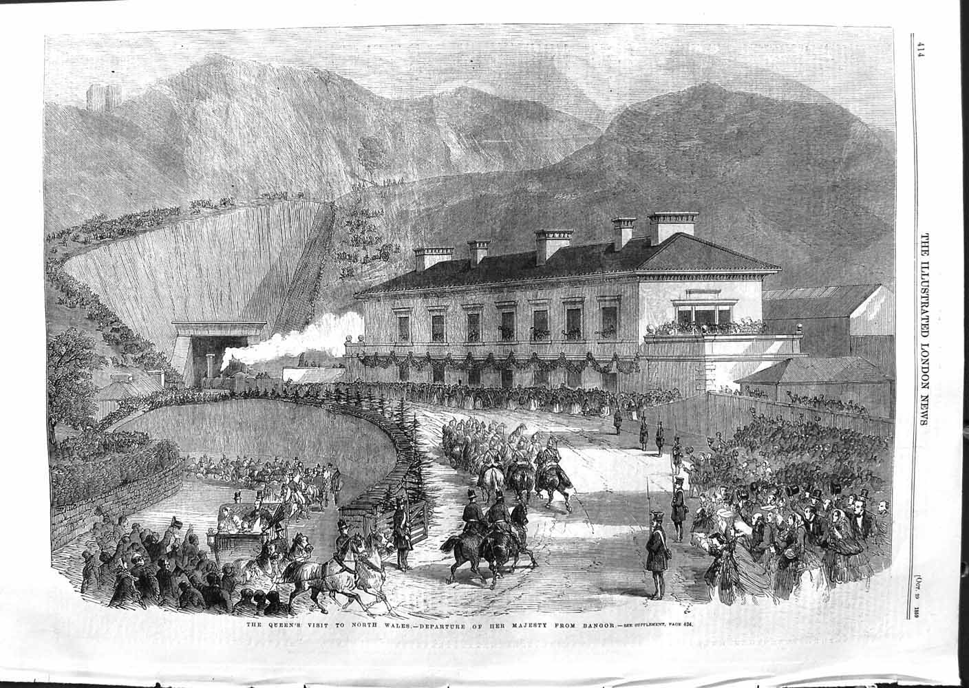 Original Old Antique Print 1859 Queen Visit North Wales Departing Bangor Horses