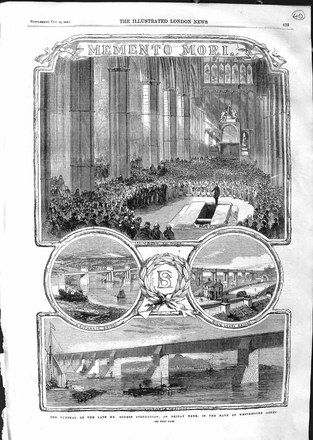 Old Antique Print 1859 Funeral Robert Stephenson Westminster Abbey London 19th