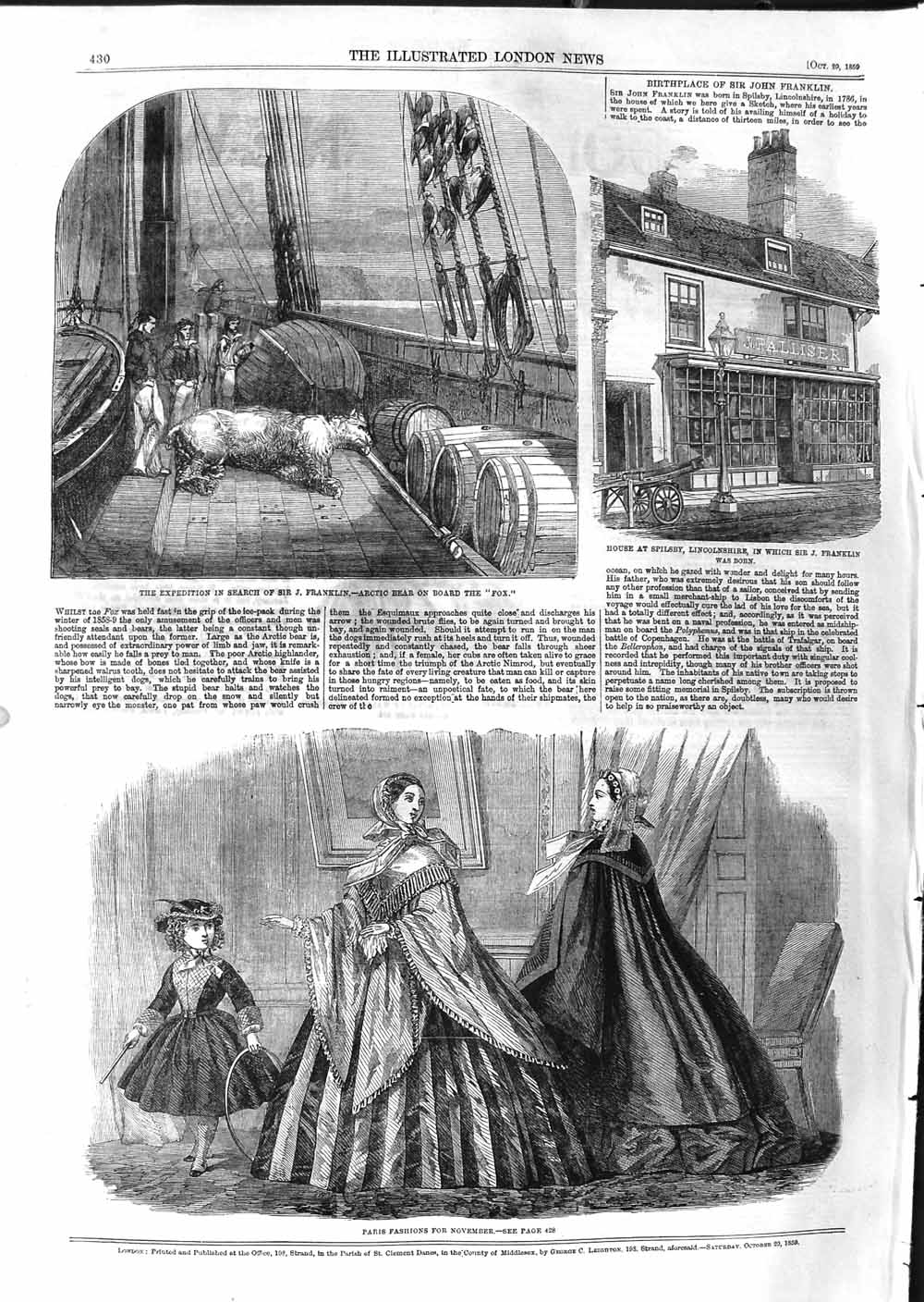 Original Old Antique Print 1859 Paris Fashion Franklin Arctic Bear Fox 19th