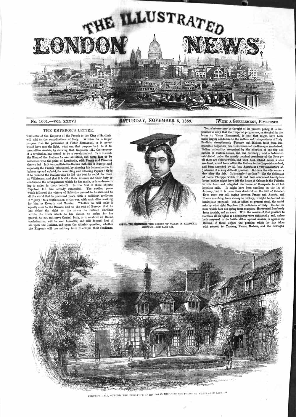 Old Antique Print 1859 Royal Residence Prince Wales Frewen'S Hall Oxford 19th