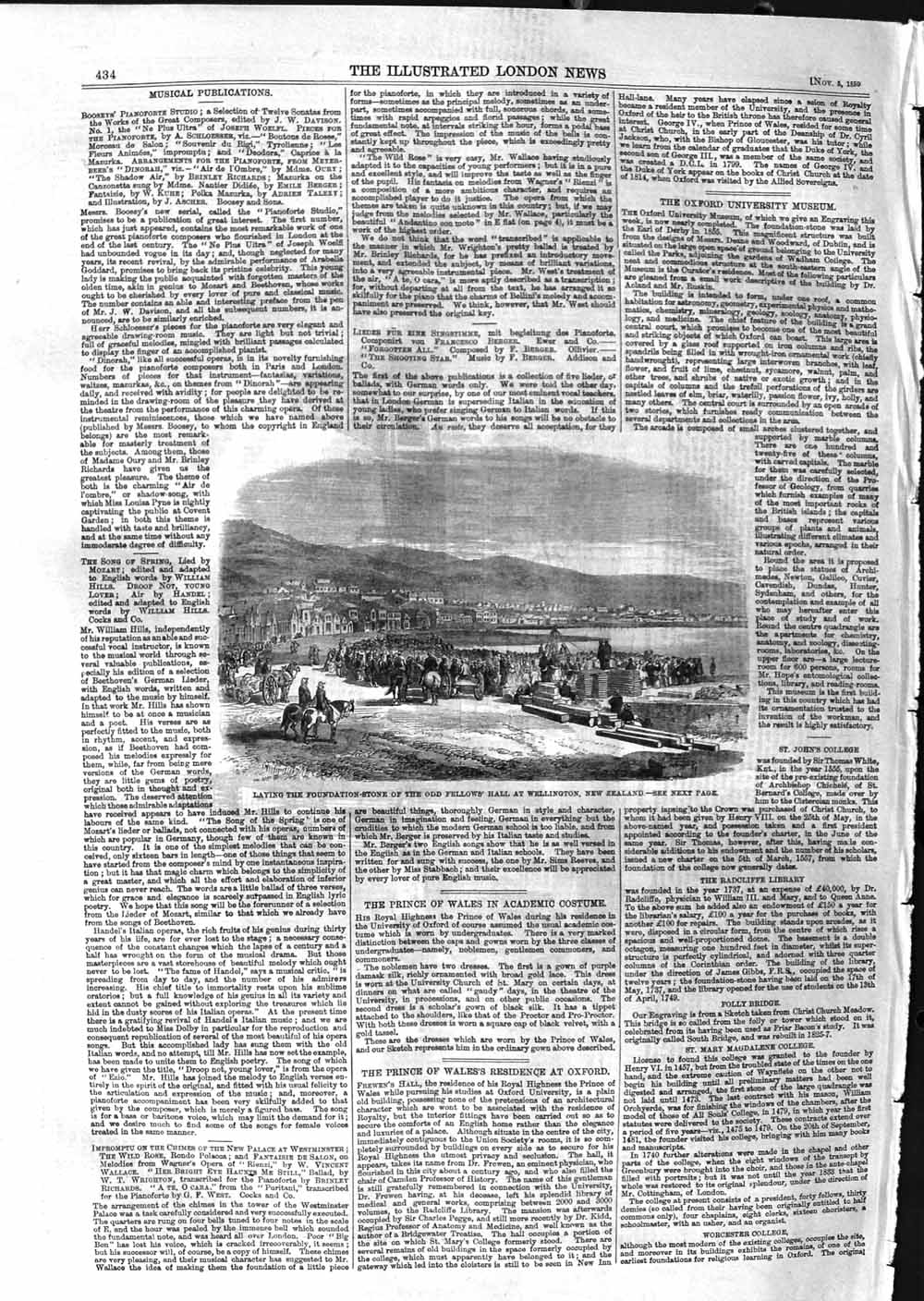 Old Antique Print 1859 Foundation Stone Fellows Hall Wellington Zealand 19th