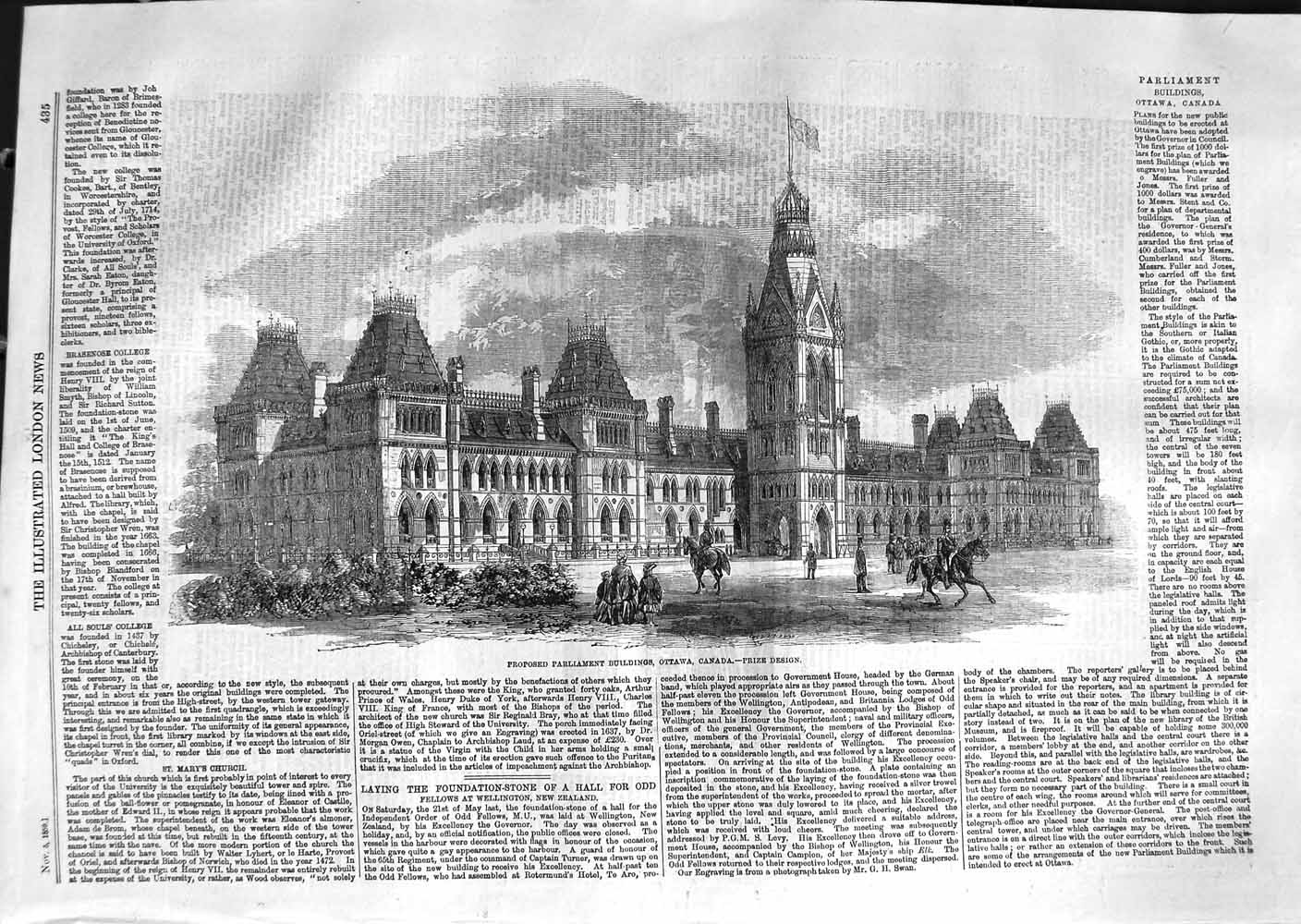 Original Old Antique Print 1859 Proposed Parliament Buildings Ottowa Canada
