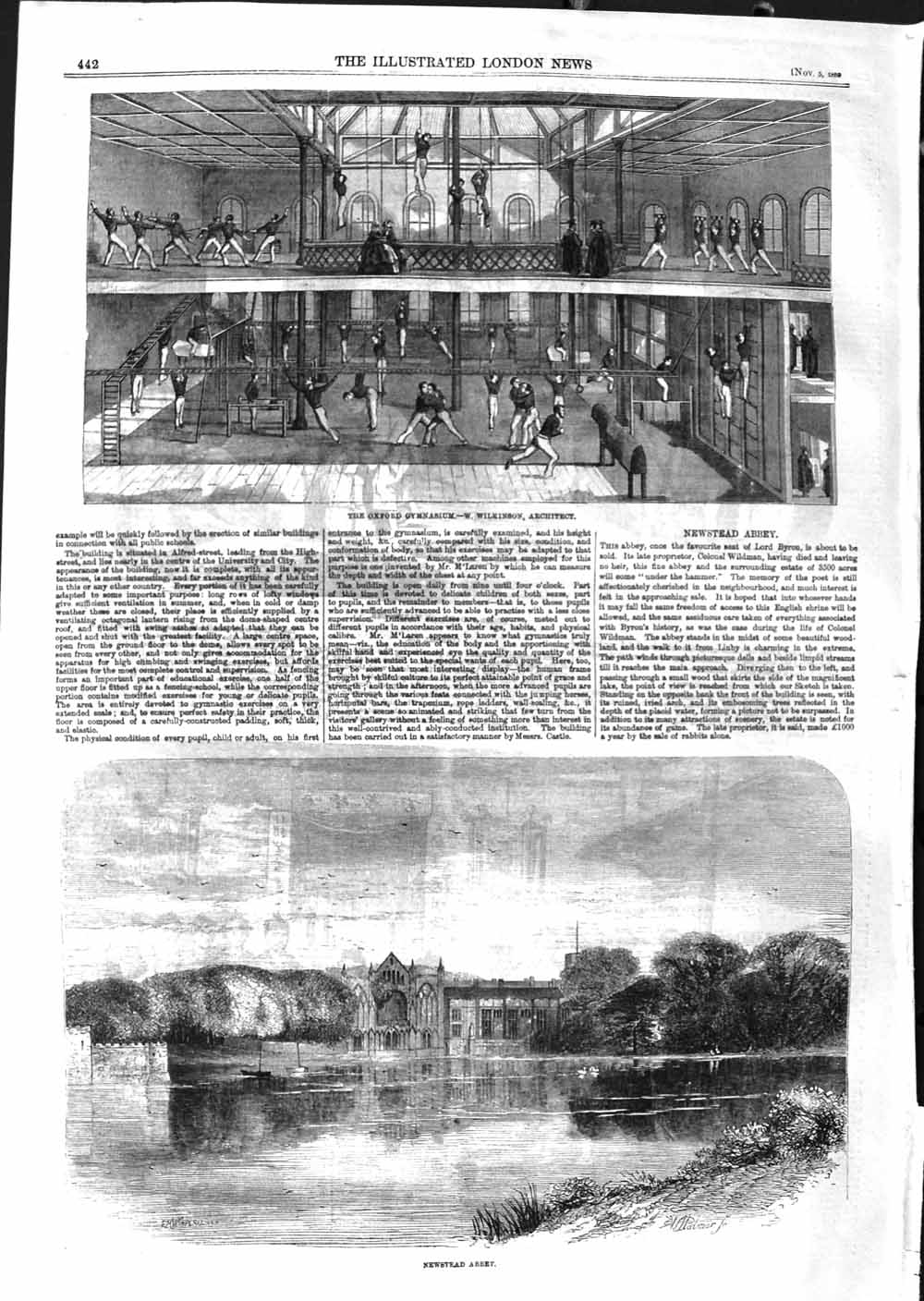 Old Antique Print 1859 Oxford Gymnasium View Newstead Abbey Architecture 19th