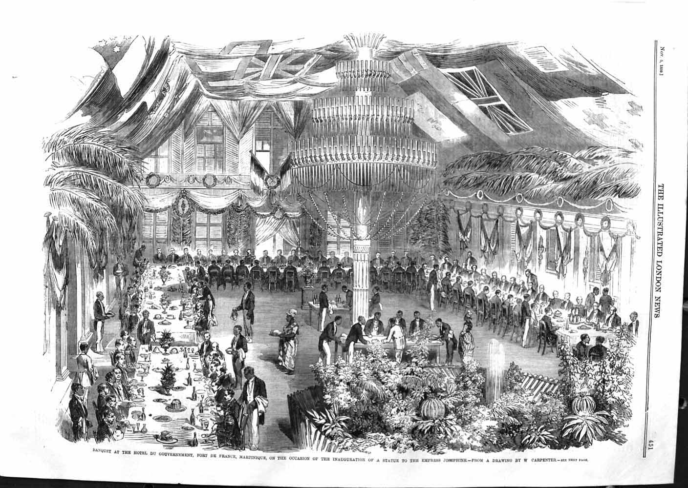 Original Old Antique Print 1859 Banquet Hotel Gouvernment Fort France Josephine