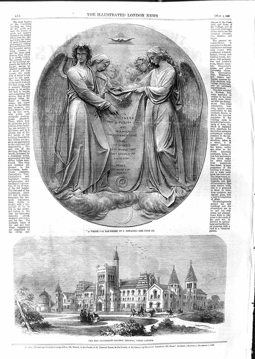 Old Antique Print 1859 University College Toronto Canada Sculpture Vision 19th