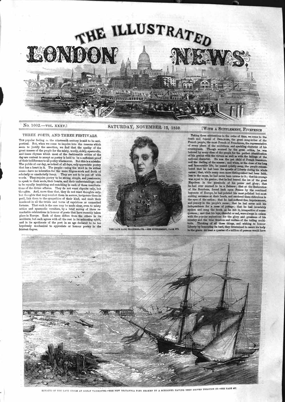 Old Antique Print 1859 Earl Waldegrave Great Yarmouth Pier Schooner Ship 19th