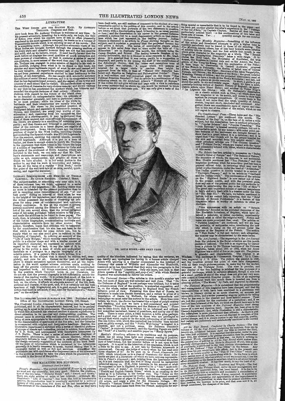 Original Old Antique Print 1859 Portrait Dr. Louis Sp 19th Century