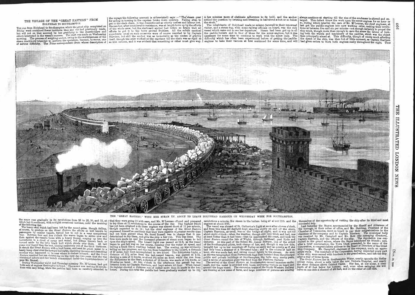 Original Old Antique Print 1859 Great Eastern Ship Holyhead Harbour Southampton