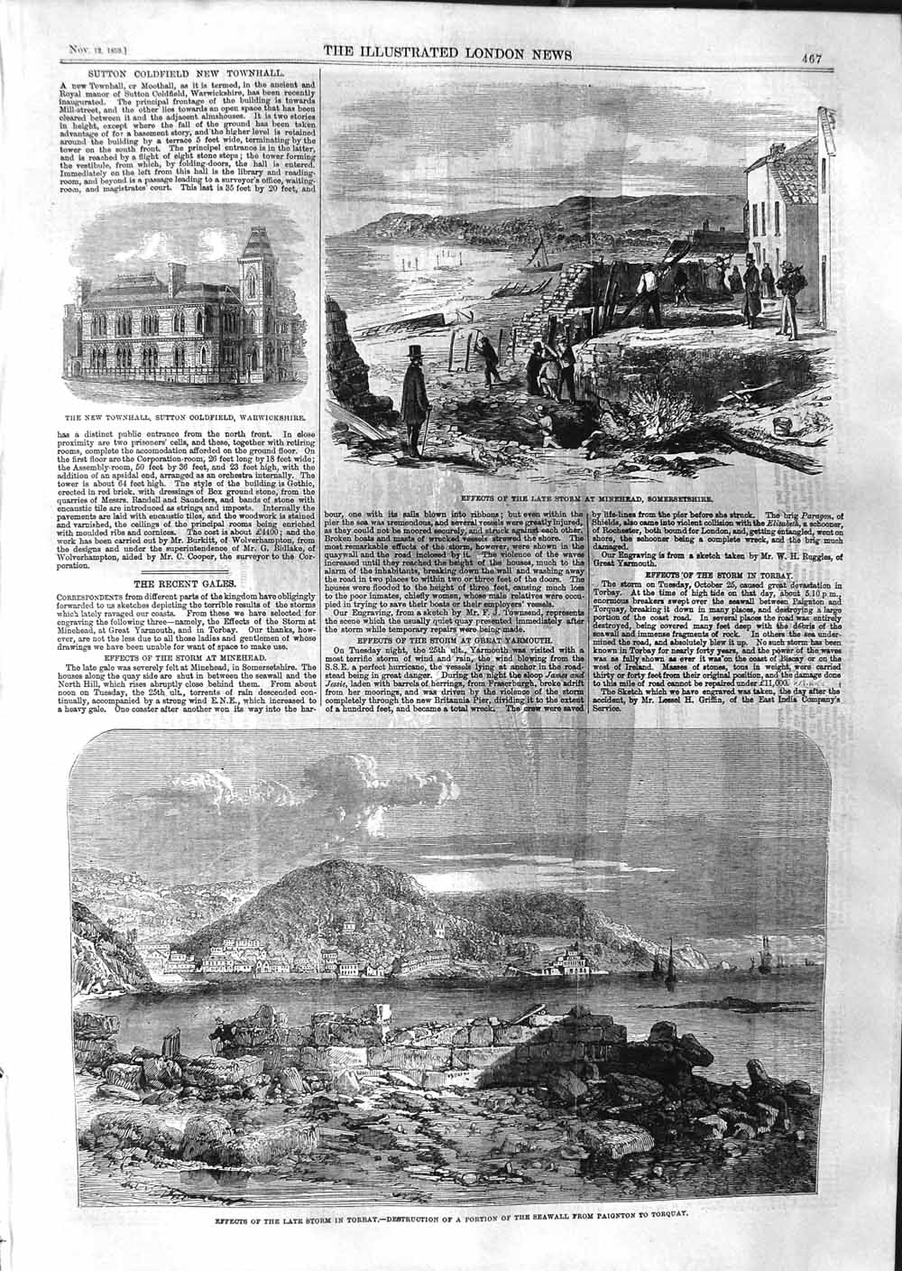 Original Old Antique Print 1859 Storm Minehead Torbay Seawall Paignton Torquay