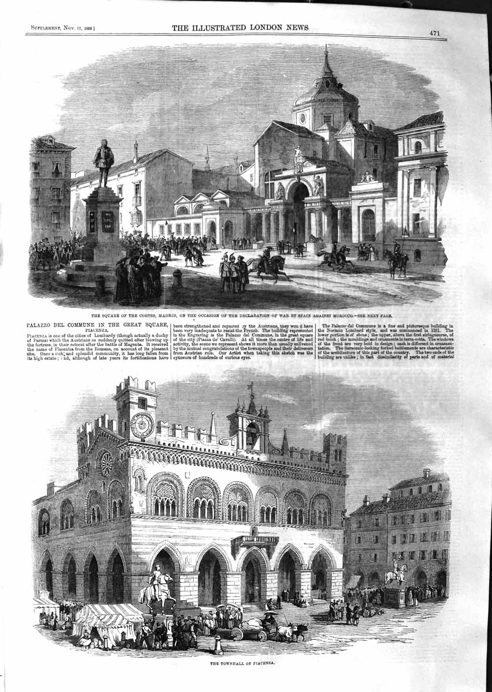 Original Old Antique Print 1859 Townhall Piacenza Cortes Madrid War Spain 19th
