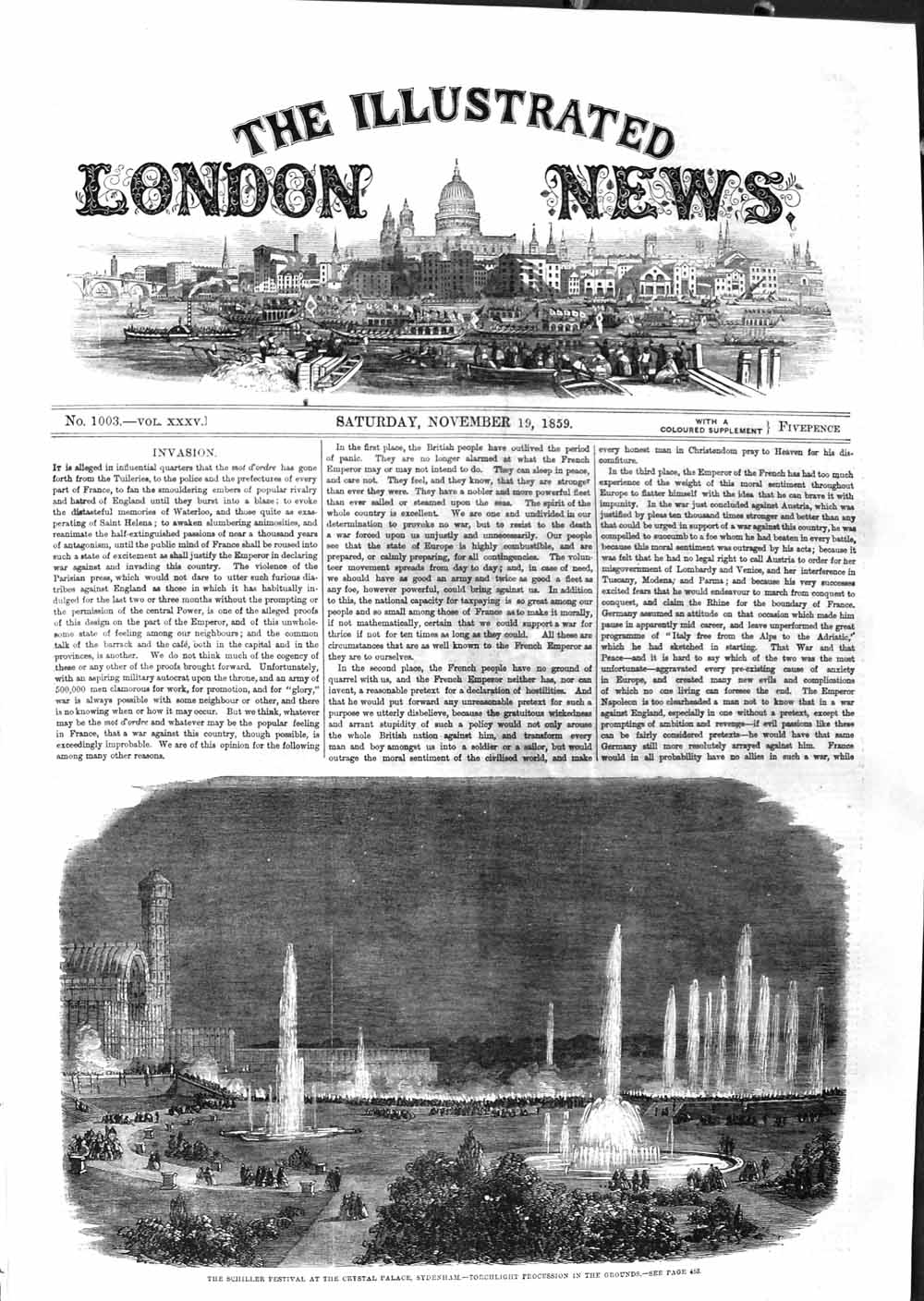 Old Antique Print 1859 Schiller Festival Crystal Palace Sydenham Fountain 19th