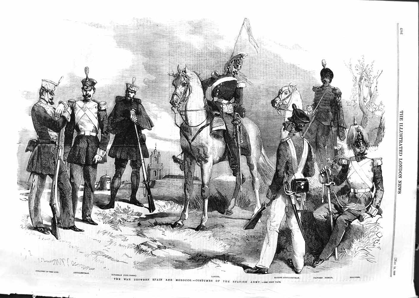 Old Antique Print 1859 War Spain Morocco Lancer Hussar Engineer Infantry 19th