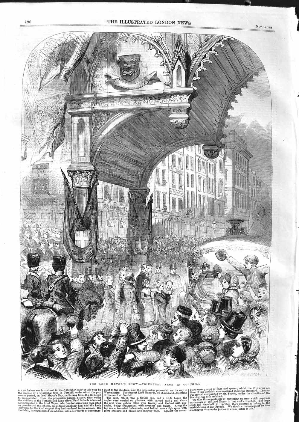 Old Antique Print 1859 Lord Mayor'S Show Triumphal Arch Cornhill London 19th