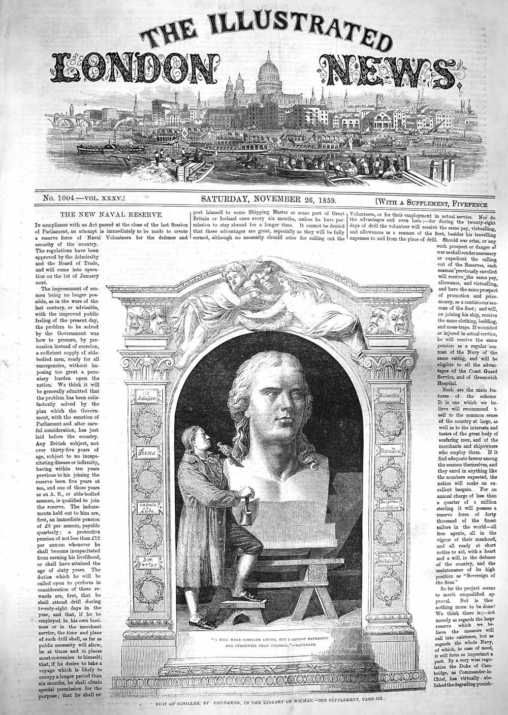 Original Old Antique Print 1859 Bust Schiller Danneker Library Weimar Statue
