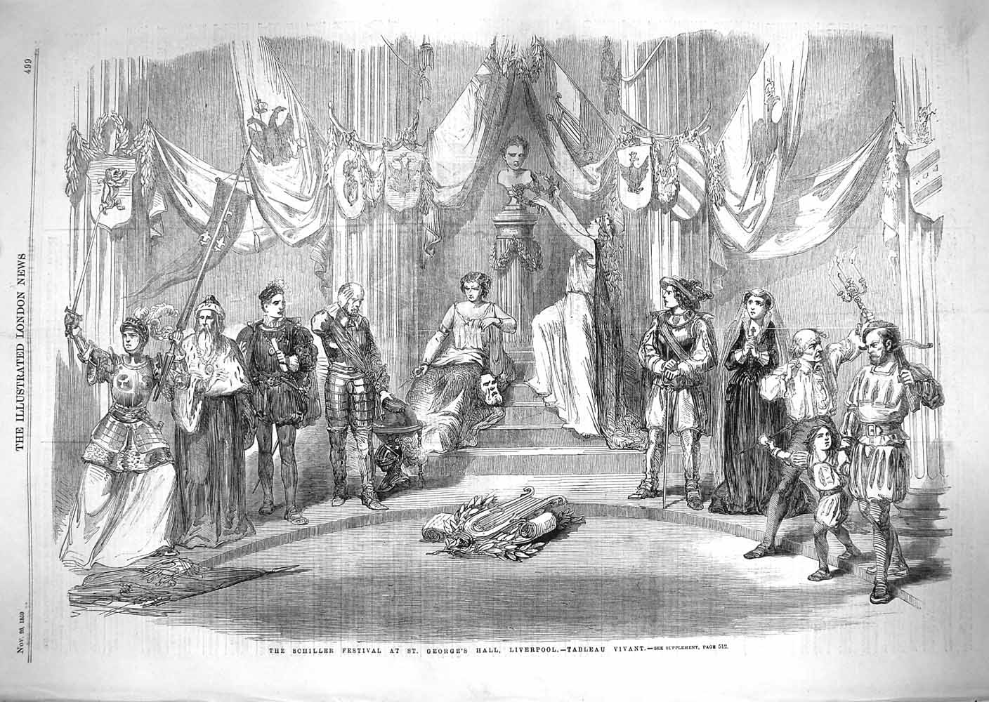 Original Old Antique Print 1859 Schiller Festival St. George'S Hall Liverpool