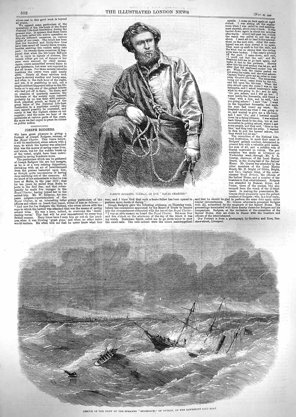 Original Old Antique Print 1859 Joseph Rodgers Seaman Charter Shamrock Ship 19th