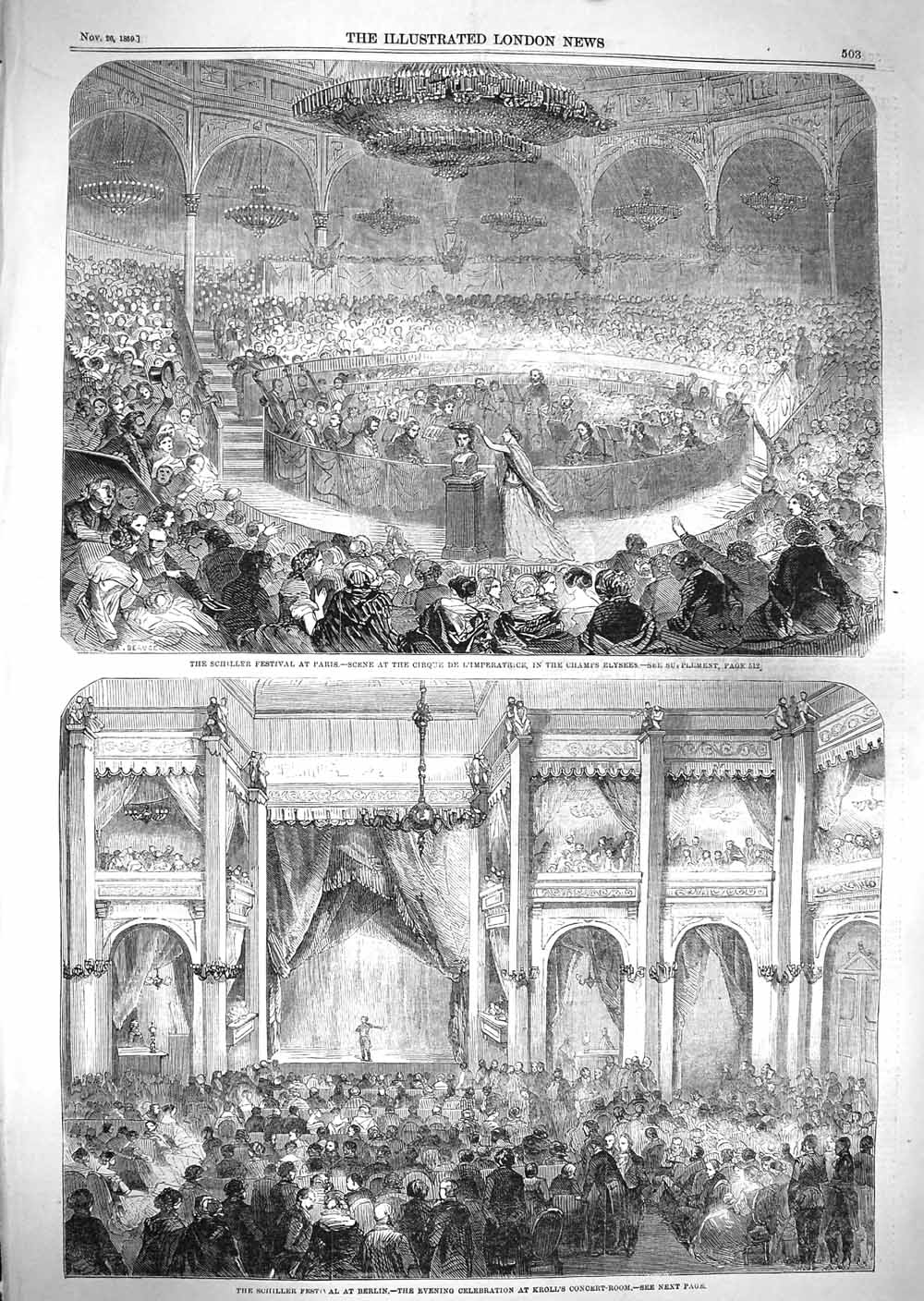 Original Old Antique Print 1859 Schiller Festival Paris Cirque Champs Elysees