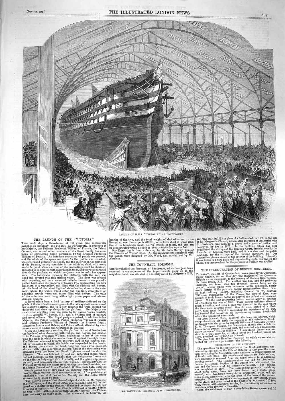 Old Antique Print 1859 H.M.S. Ship Victoria Portsmouth Townhall Borough 19th