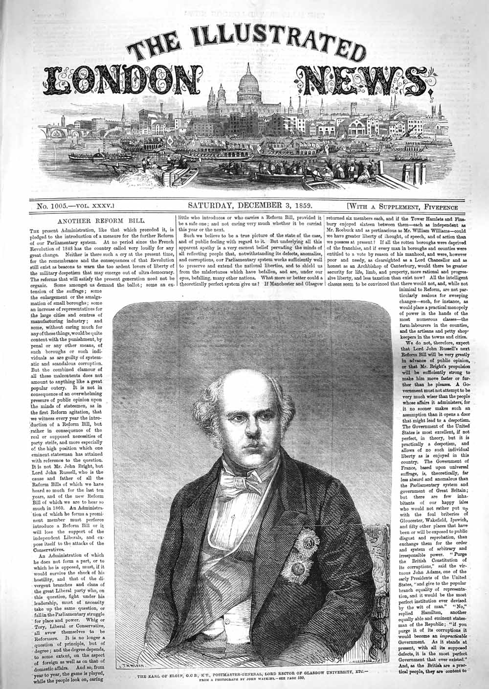 Old Antique Print 1859 Earl Elgin Postmaster-General Lord Rector Glasgow 19th