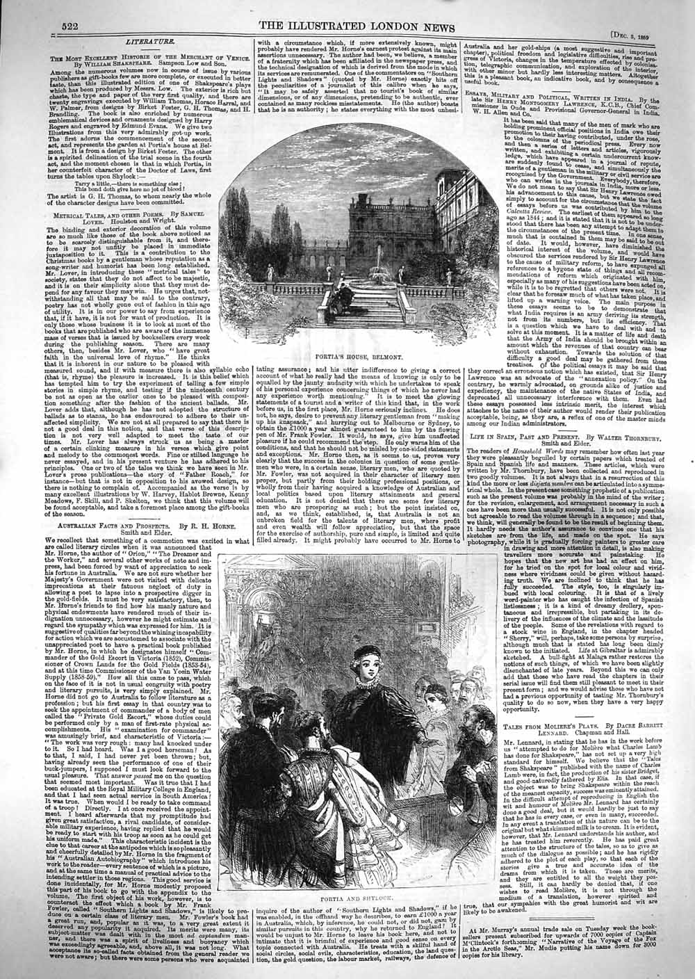 Original Old Antique Print 1859 Portia'S House Belmont Shylock 19th