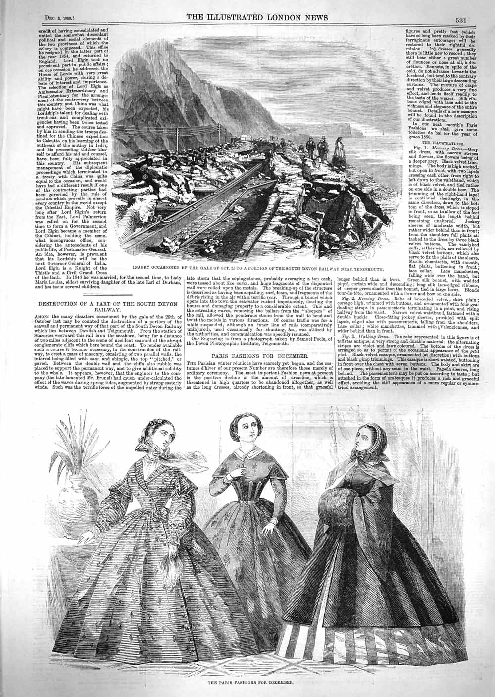 Original Old Antique Print 1859 Paris Fashion Devon Railway Teignmouth Accident