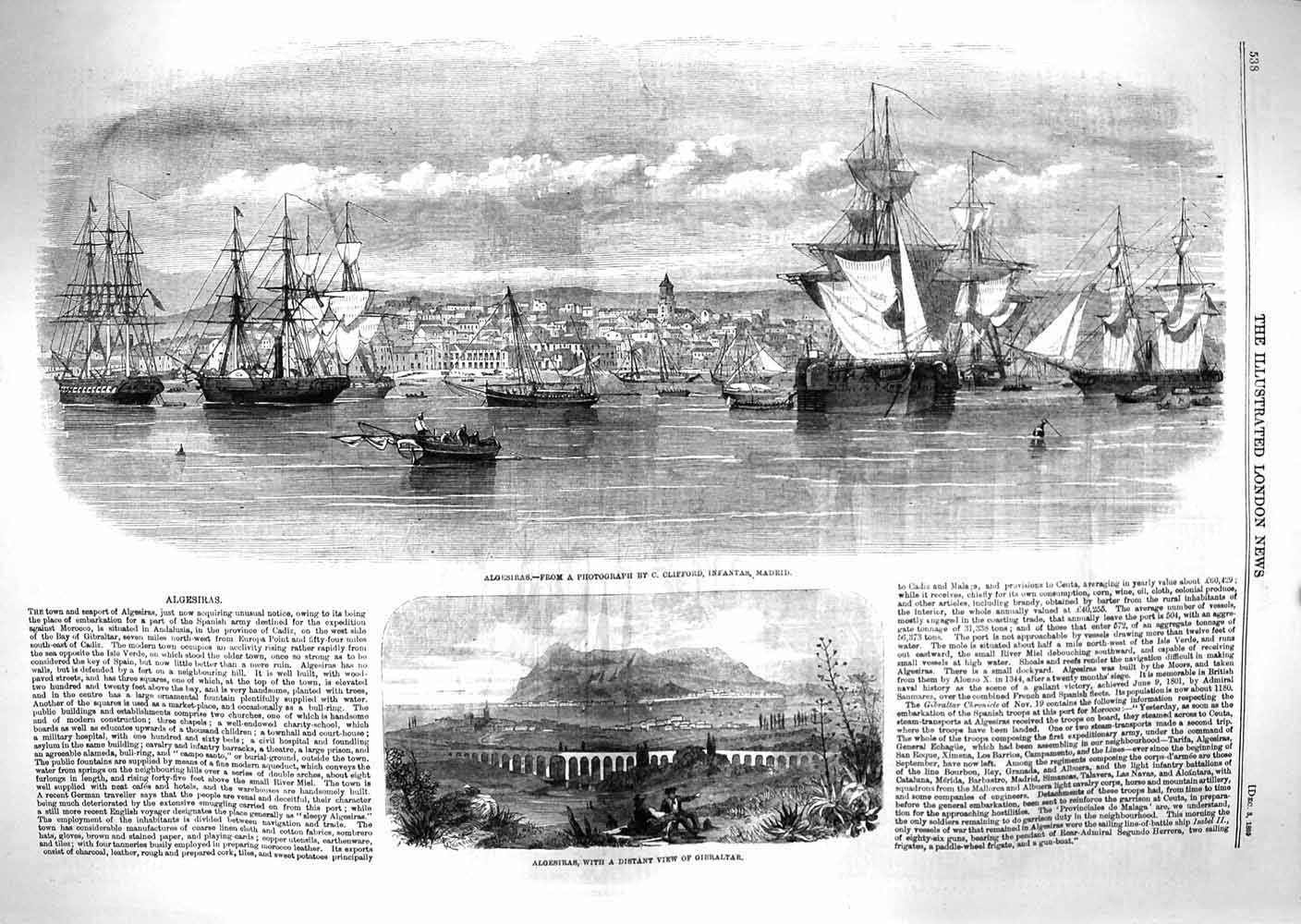 Original Old Antique Print 1859 Algesiras View Gibraltar Viaduct Ships Madrid