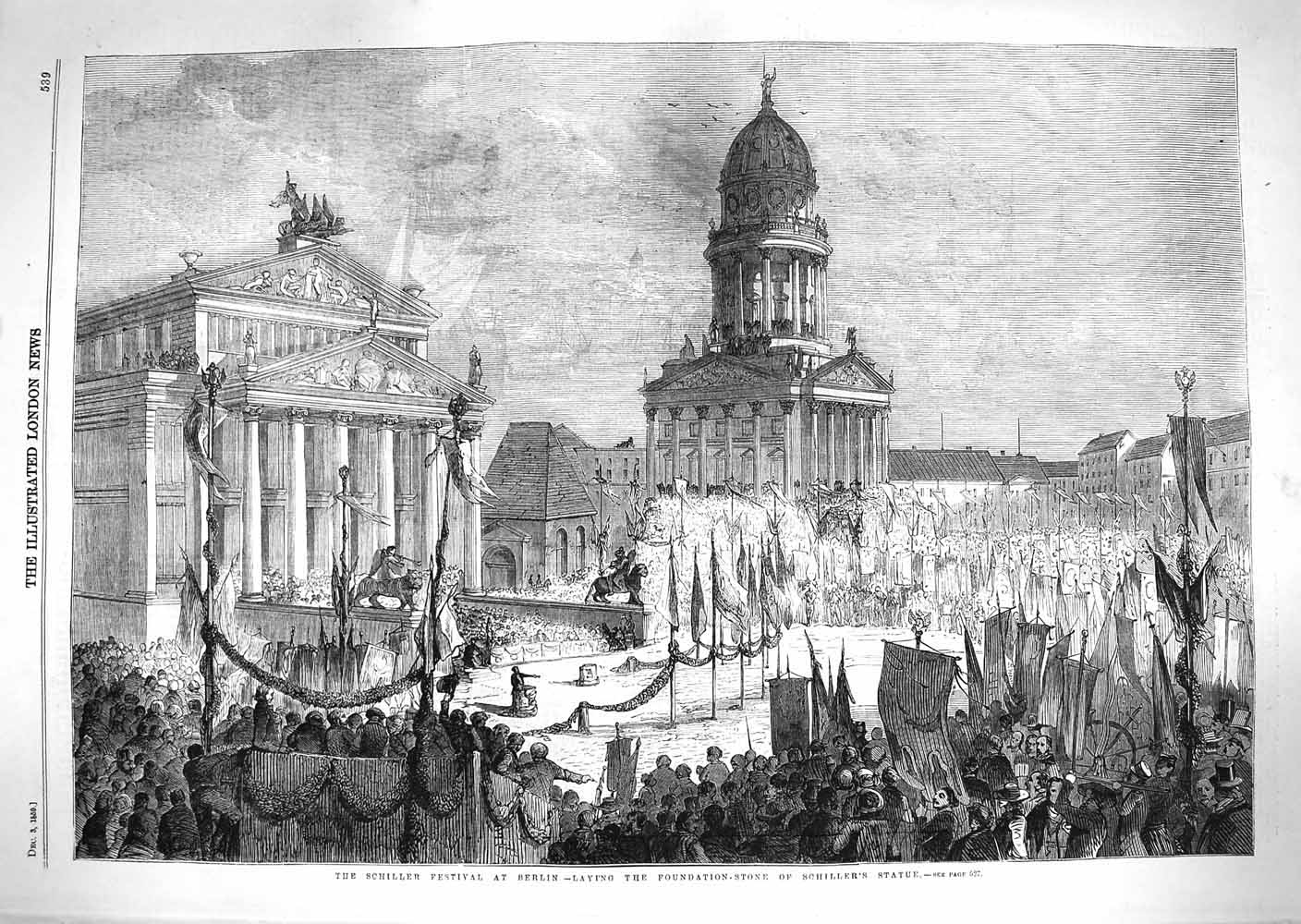 Antique Old Print *3767 1859 Schiller Festival Berlin Foundation-Stone Statue
