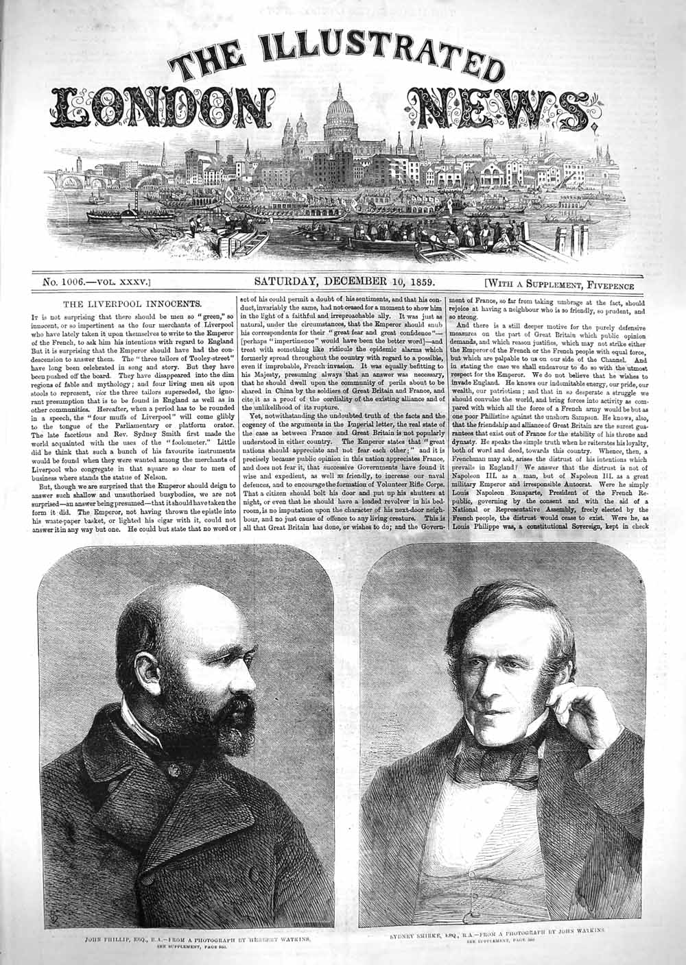 Original Old Antique Print 1859 Portrait John Phillip Sydney Smirke Watkins