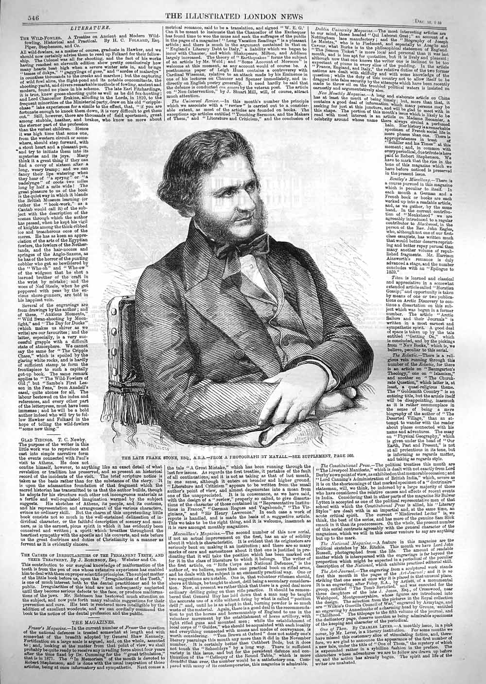 Original Old Antique Print 1859 Portrait Frank Stone Man 19th Century