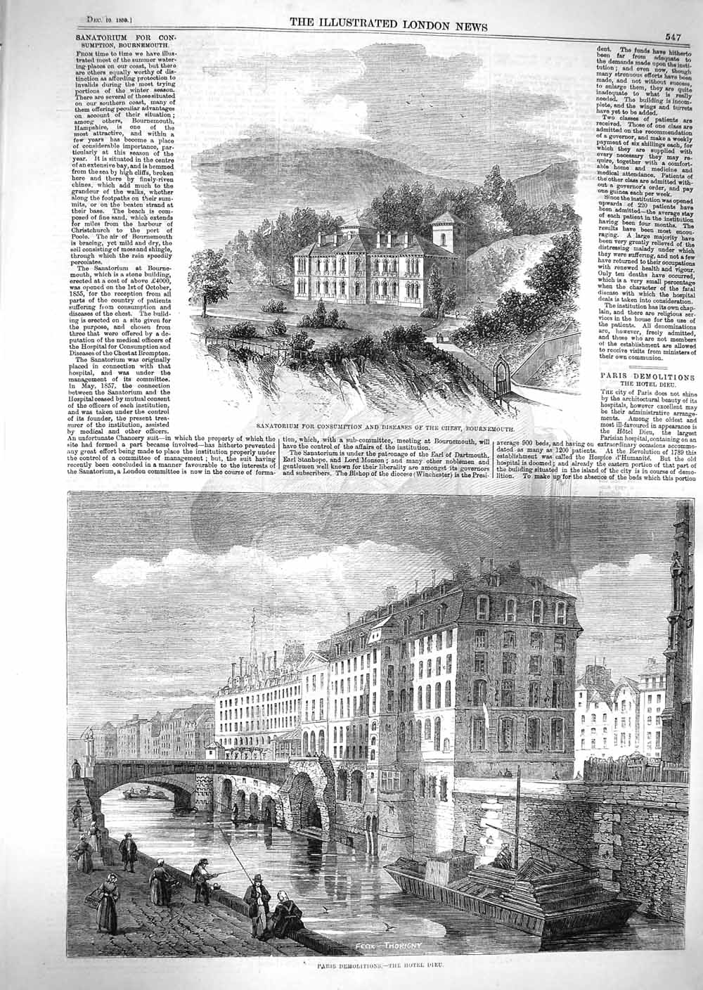 Old Antique Print 1859 Sanatorium Diseases Chest Bournemouth Hotel Dieu 19th