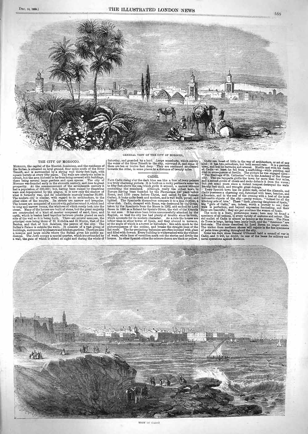 Original Old Antique Print 1859 View City Morocco Cadiz Camels Yacht Buildings