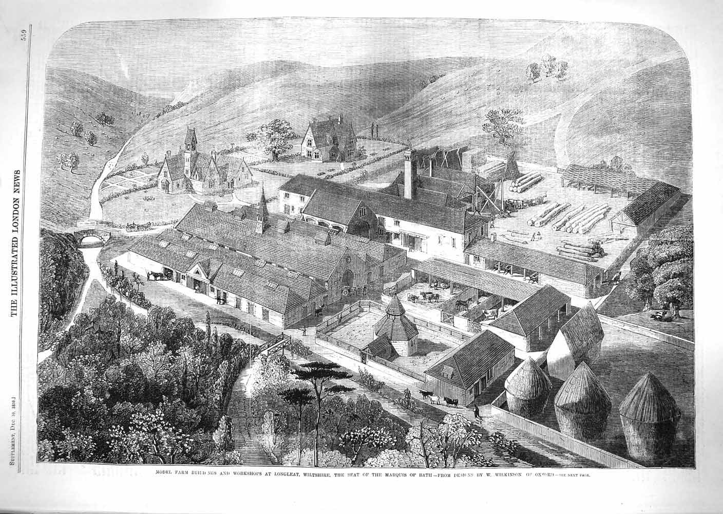 Original Old Antique Print 1859 Farm Buildings Longleat Wiltshire Marquis Bath