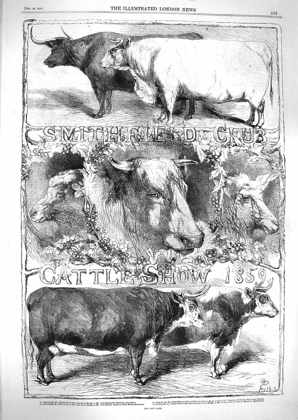Original Old Antique Print 1859 Smithfield Club Cattle Show Shoesmith T 19th