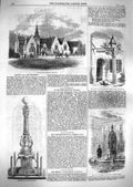 Original Old Antique Print 1859 Leamington School Castle Gate Grantham Fountain