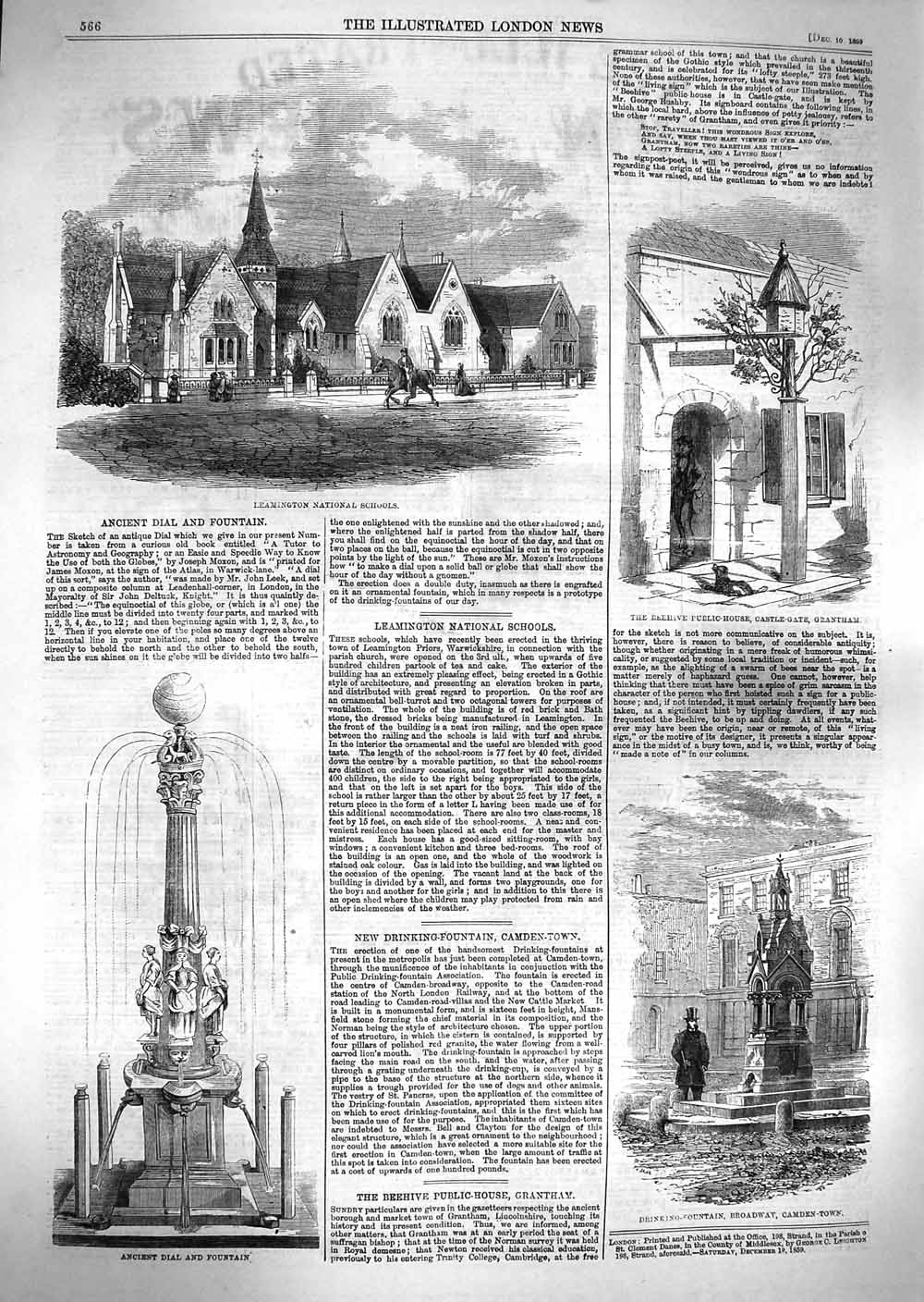 Original Old Antique Print 1859 Leamington School Castle Gate Grantham Fountain