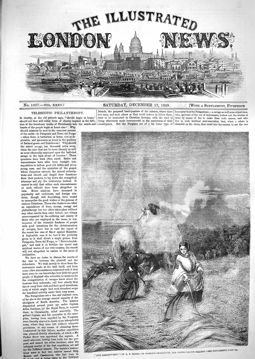 Original Old Antique Print 1859 Barleyfield Farming Agriculture Haymaking 19th