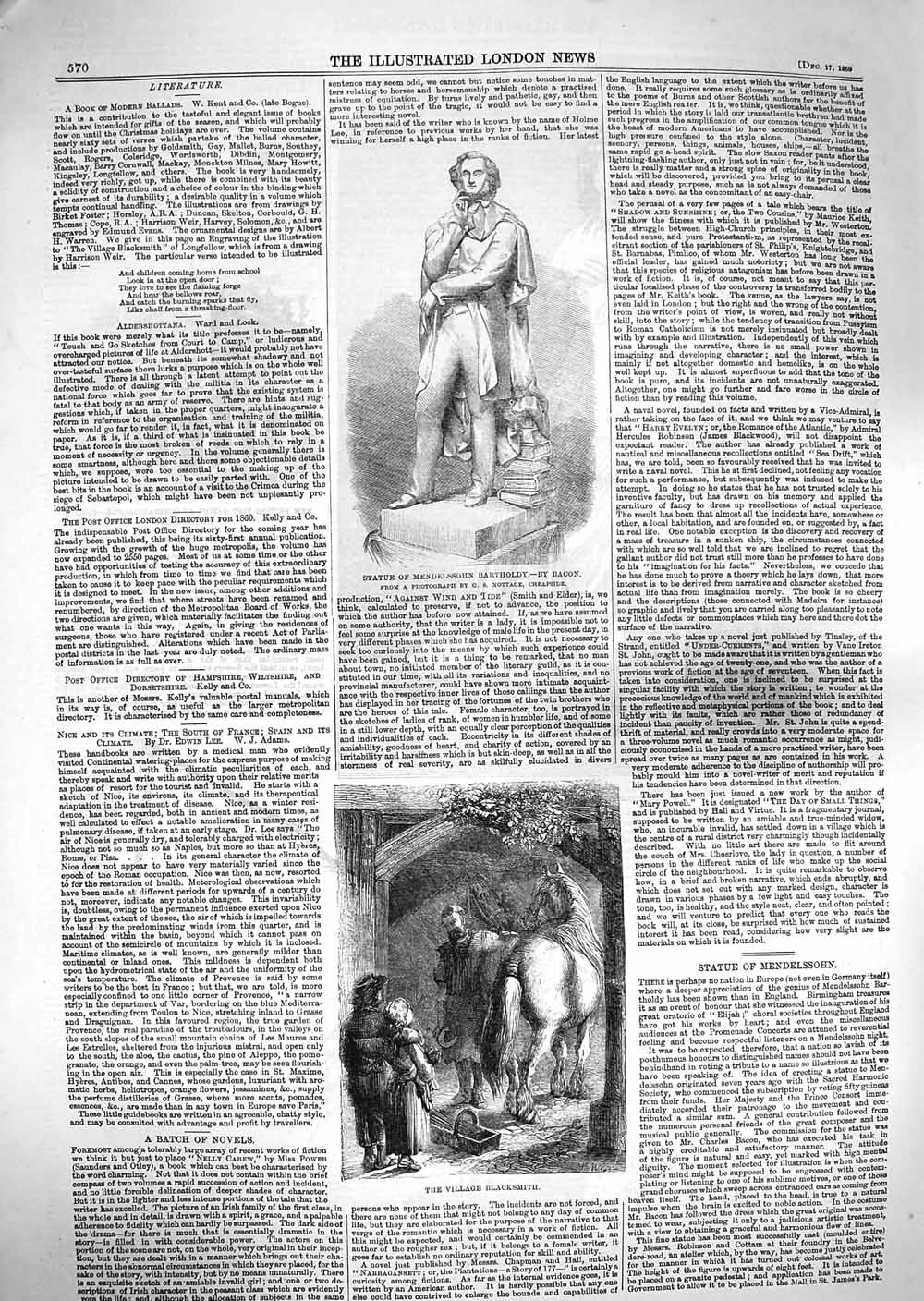 Original Old Antique Print 1859 Statue Mendelssohn Barthy Village Blacksmith